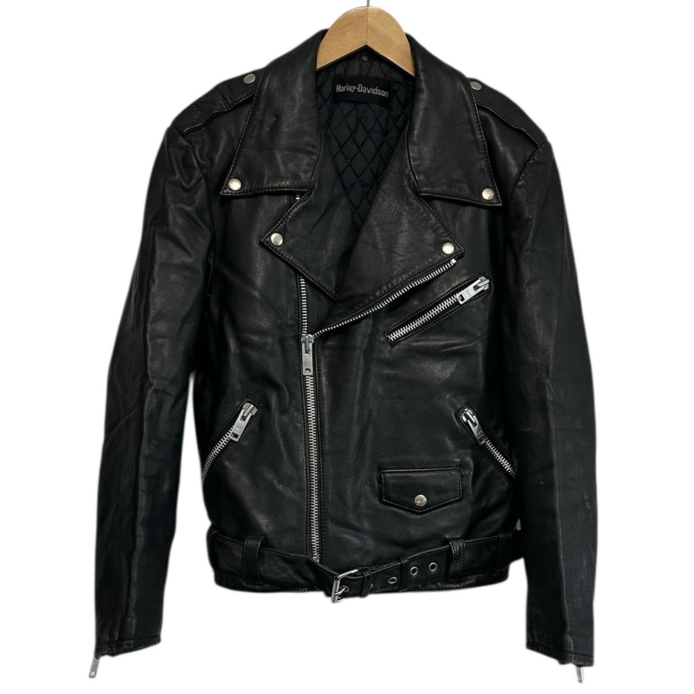Harley Davidson Men's Vintage Black Leather Biker Jacket Belted‎ Zippers Size 40